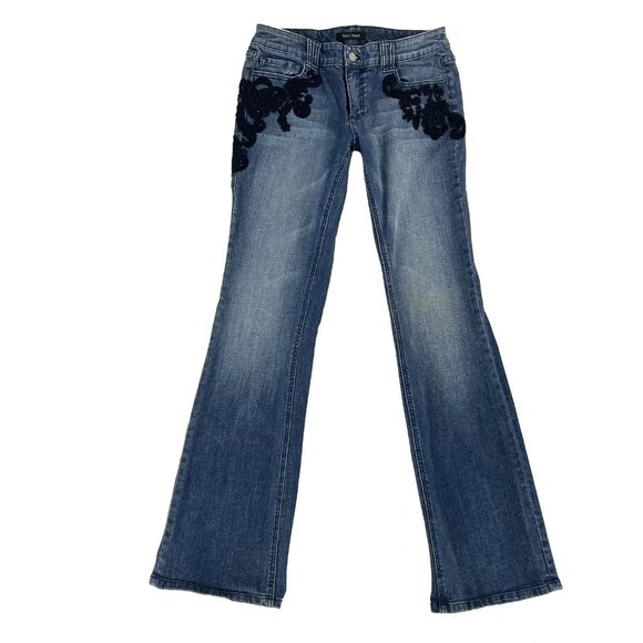 White House Black Market WHBM Blanc Stretch Boot Leg Embroidered Jeans Womens 8 - Picture 1 of 6